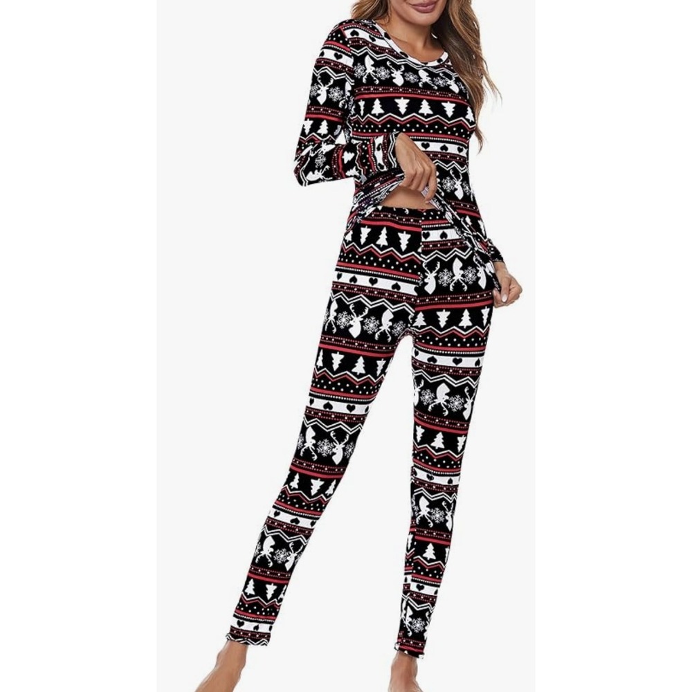 Women's Christmas Pajama Set S Reindeer Snowflake Fair Isle Black Red 2 Piece
